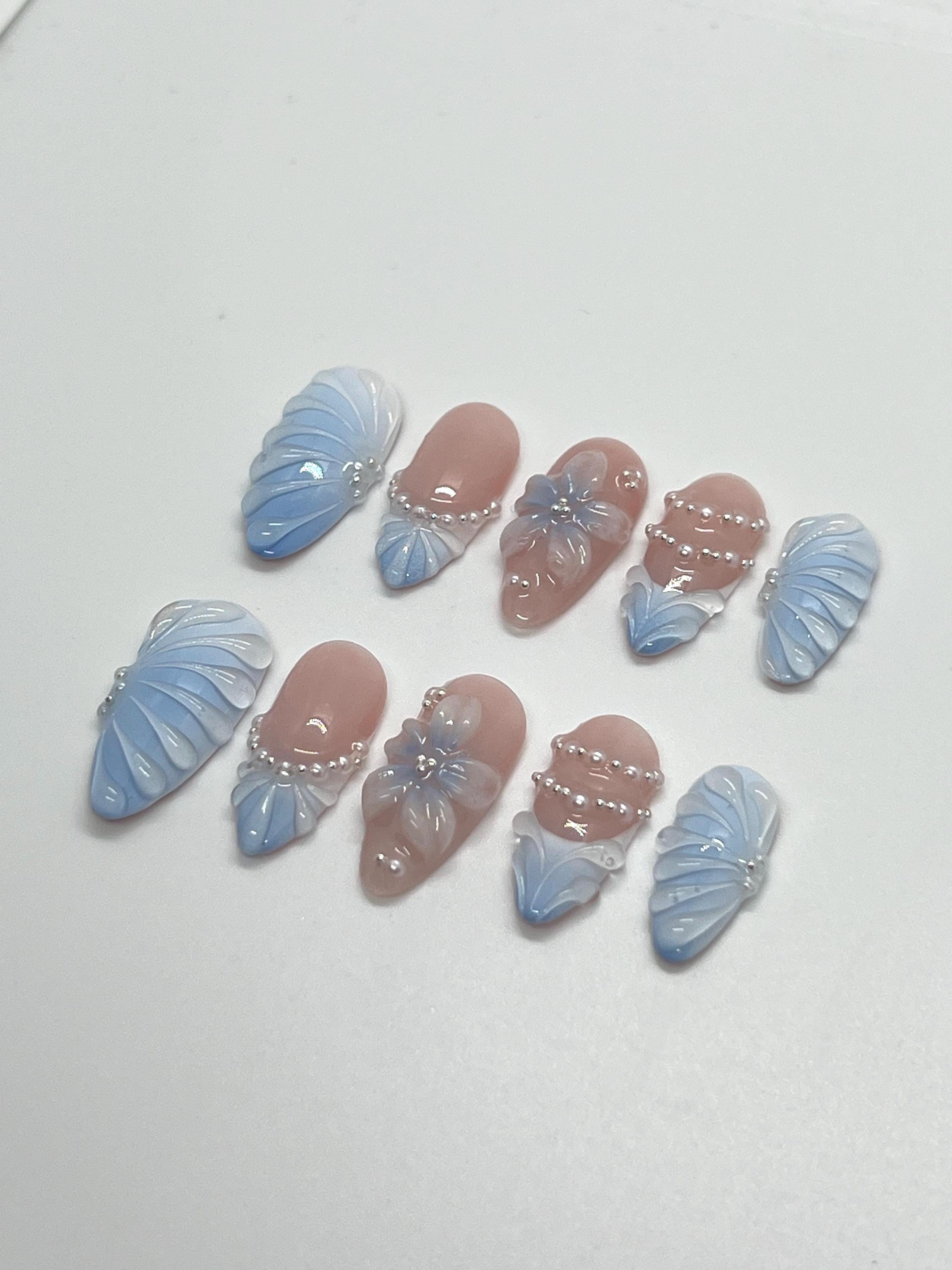 Blue pearl press on nail set
