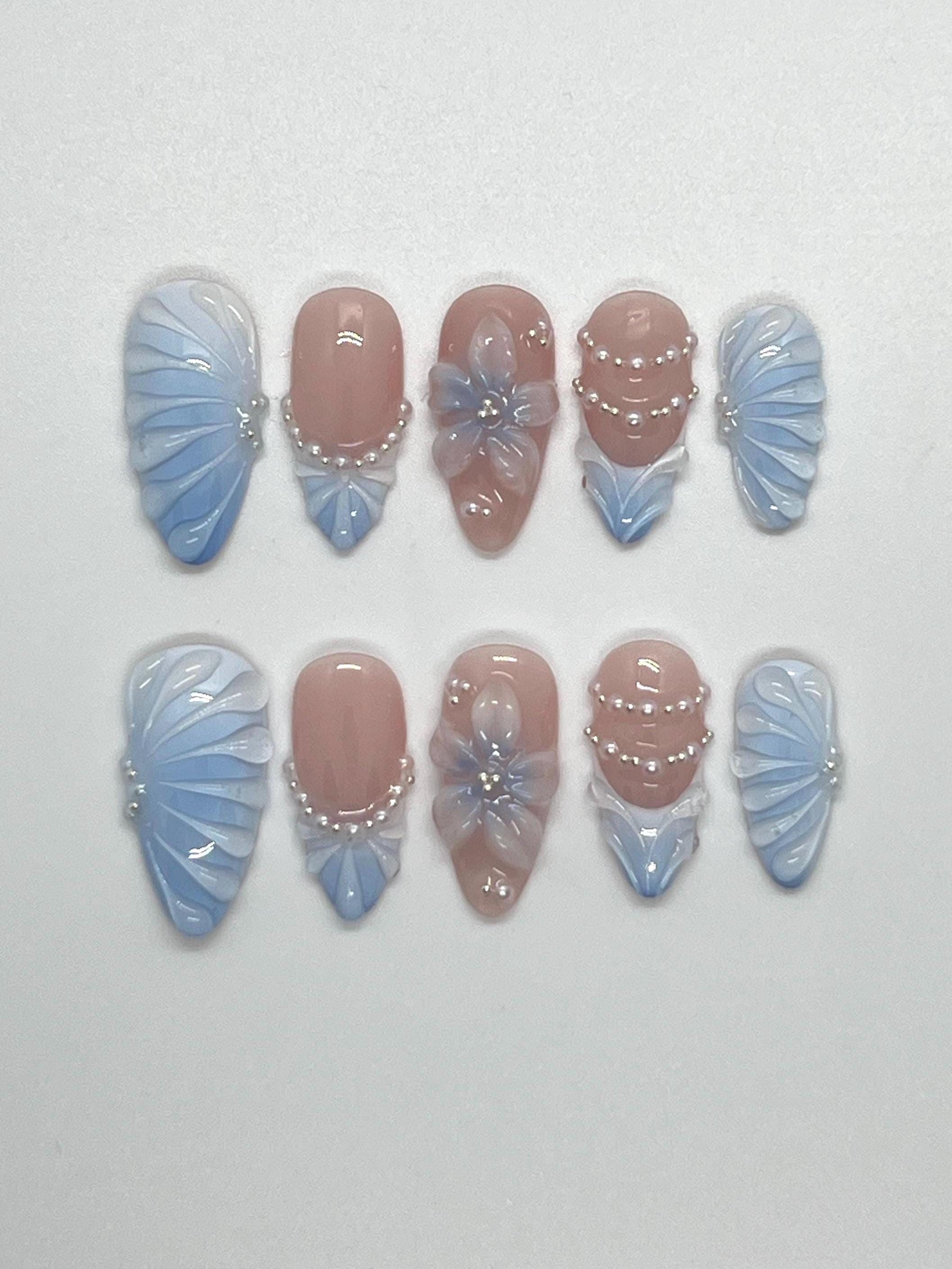 Blue pearl press on nail set